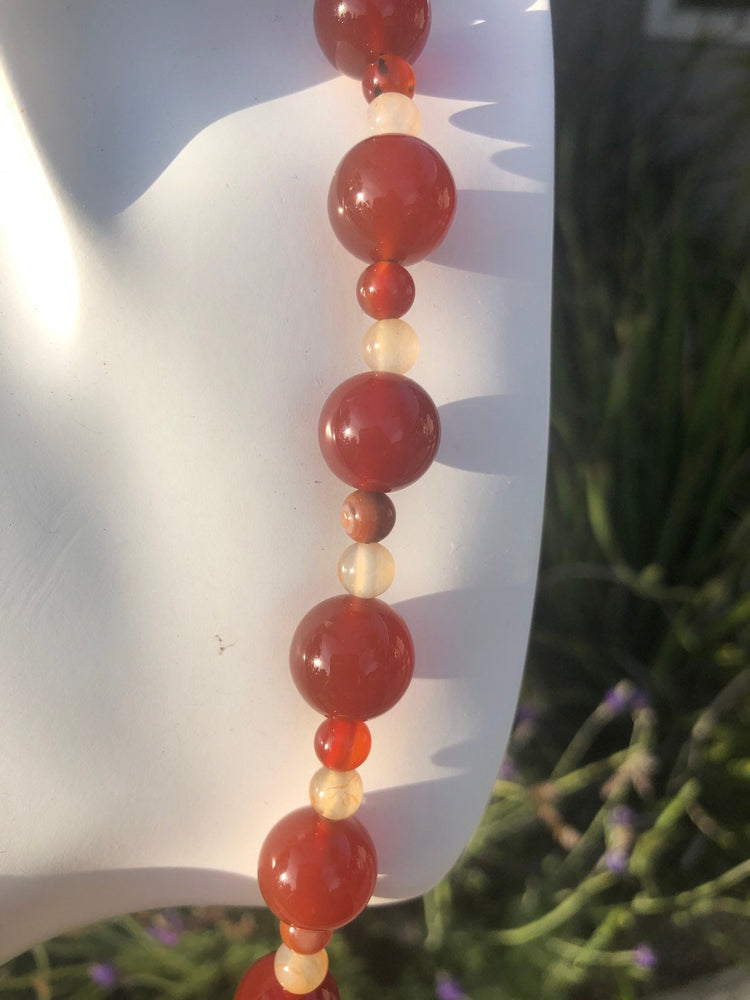 Butterscotch Amber Heart Pendant Necklace with Carnelian & Agate Beads, Sterling Silver Clasp, 22.25 Inch Vintage Statement Jewelry
