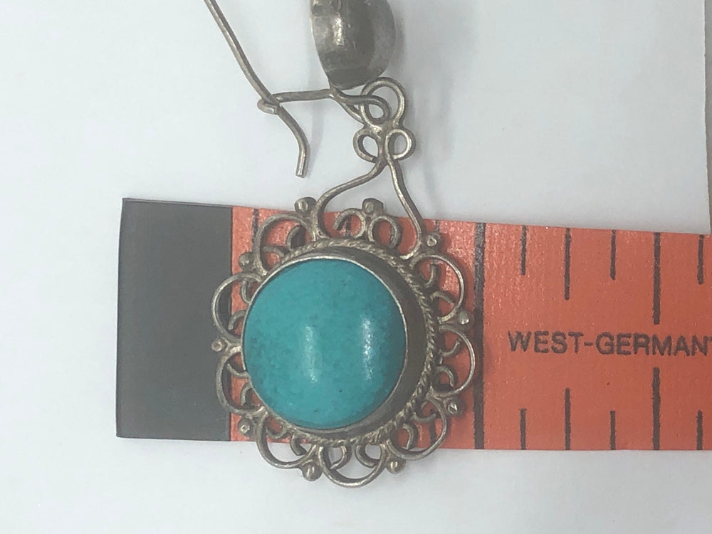 Antique Victorian Blue Turquoise Filigree Dangle Earrings - Sterling Silver 925