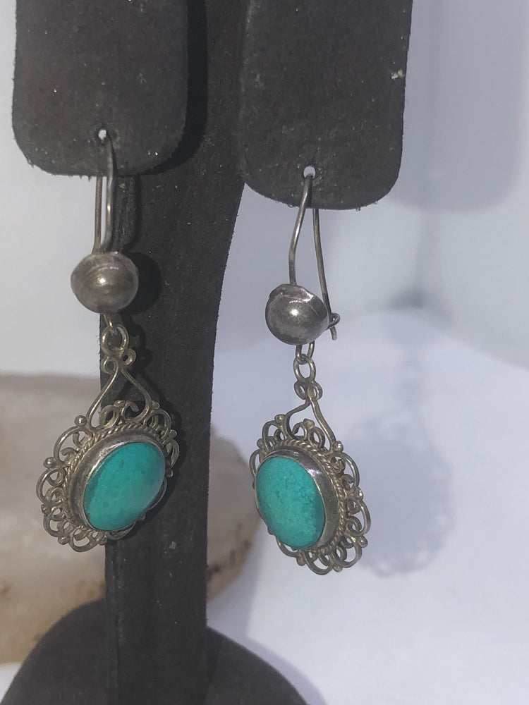 Antique Victorian Blue Turquoise Filigree Dangle Earrings - Sterling Silver 925
