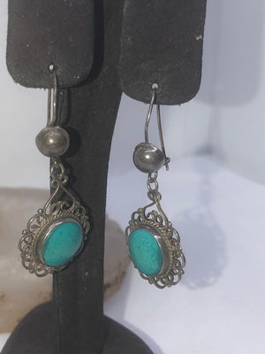 Antique Victorian Blue Turquoise Filigree Dangle Earrings - Sterling Silver 925