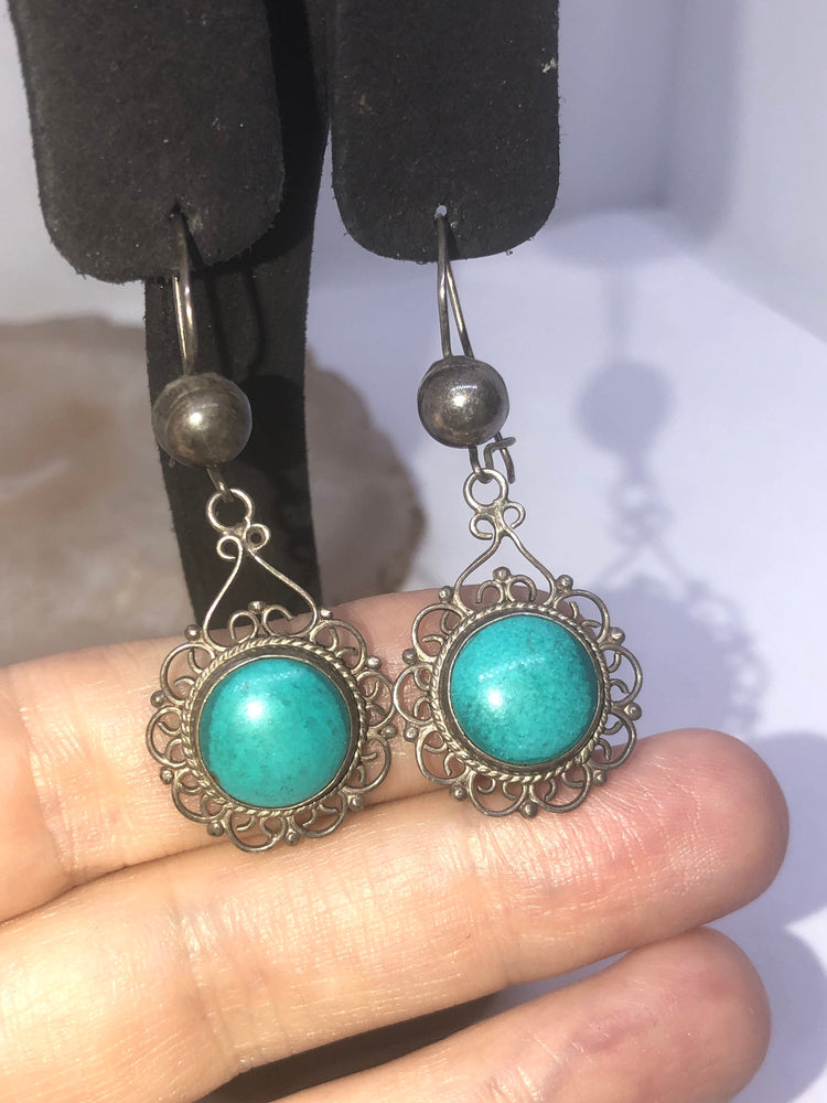 Antique Victorian Blue Turquoise Filigree Dangle Earrings - Sterling Silver 925