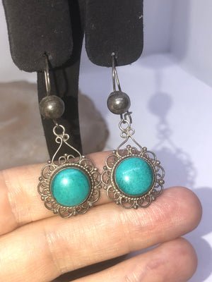 Antique Victorian Blue Turquoise Filigree Dangle Earrings - Sterling Silver 925