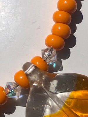 Vintage antique egg yolk- butterscotch amber beads glass leaves sterling silver necklace