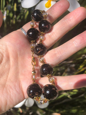 Vintage Venetian Hand Blown Glass Purple Black Gold Beaded Bracelet 8.75 Inches