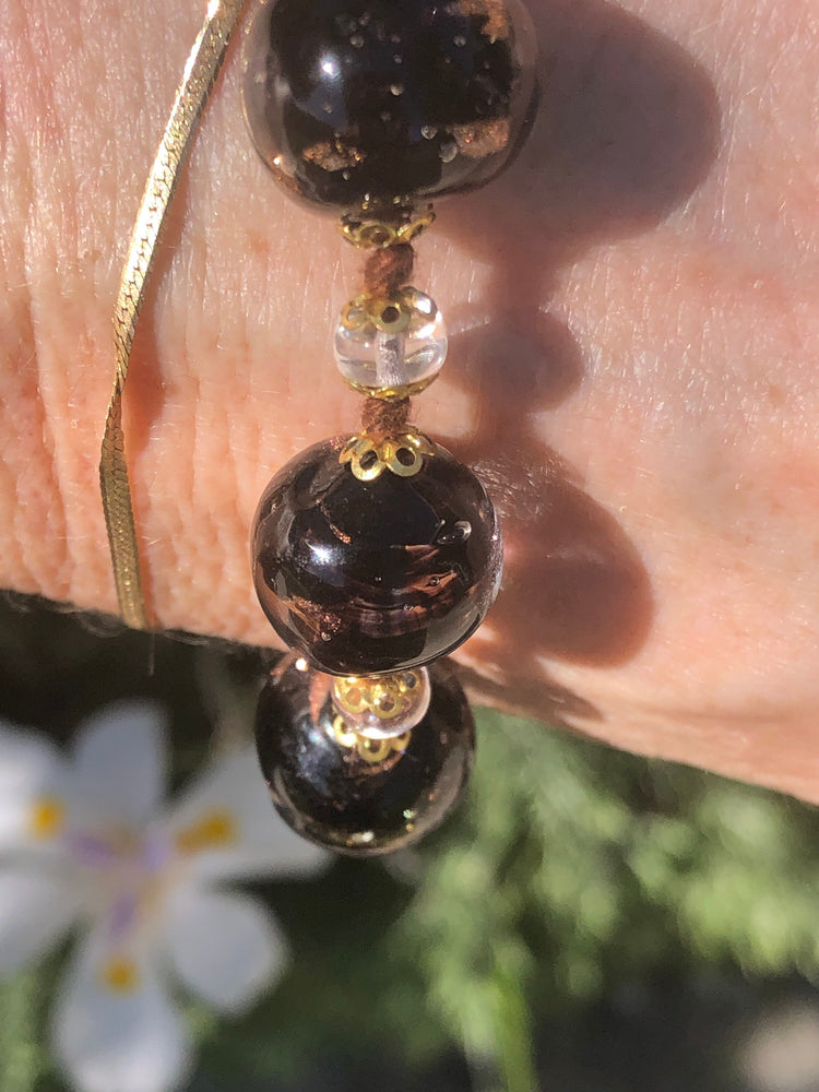 Vintage Venetian Hand Blown Glass Purple Black Gold Beaded Bracelet 8.75 Inches