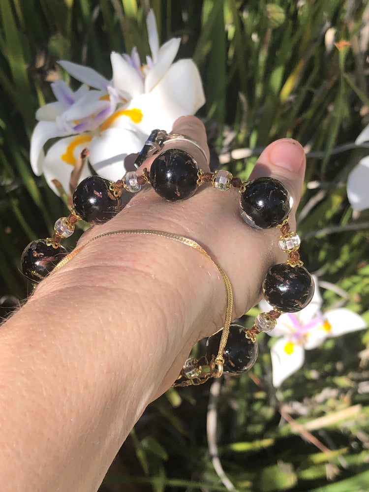 Vintage Venetian Hand Blown Glass Purple Black Gold Beaded Bracelet 8.75 Inches