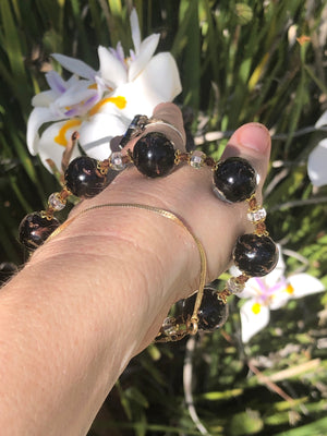 Vintage Venetian Hand Blown Glass Purple Black Gold Beaded Bracelet 8.75 Inches