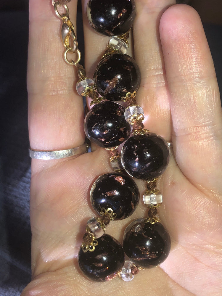 Vintage Venetian Hand Blown Glass Purple Black Gold Beaded Bracelet 8.75 Inches