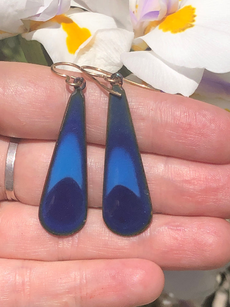 Vintage Blue Enamel  Long Earrings Made by Artisan Averill Shepps Cobalt Teardrop Dangle Modernist Mid Century Modern MCM
