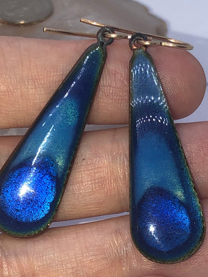 Vintage Blue Enamel  Long Earrings Made by Artisan Averill Shepps Cobalt Teardrop Dangle Modernist Mid Century Modern MCM