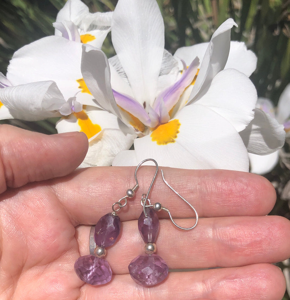 Vintage Faceted Amethyst Gemstones Beaded Earrings Sterling Silver 925 Faceted