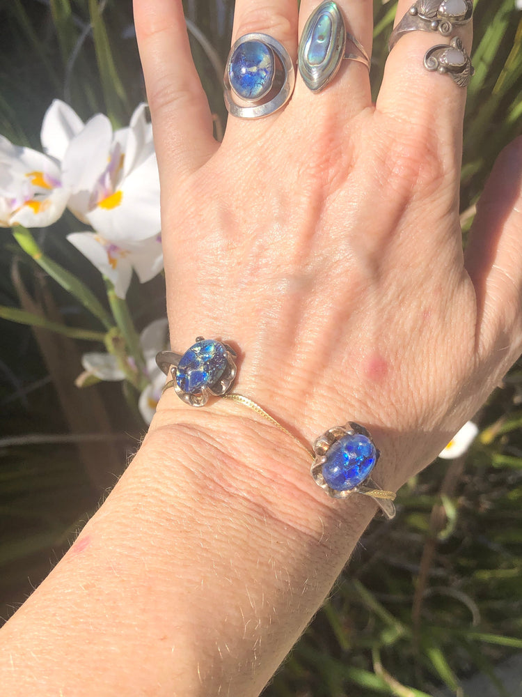 Vintage art glass bracelet sterling silver cuff 925 mexico
