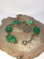 Vintage green And white swirl carved  Peking glass scarab bracelet link gold tone 7.5 Inches usable