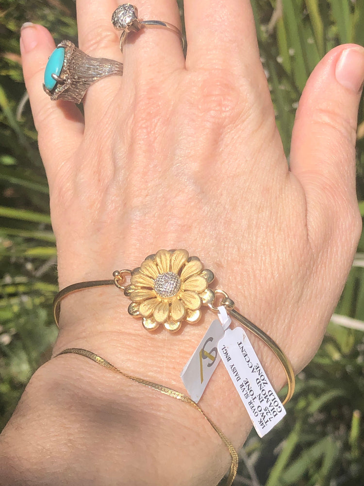 Sunflower/Daisy Bangle Bracelet Gold Over Sterling Silver 925 Diamond Accent Dainty & Beautiful NWT Old Stock