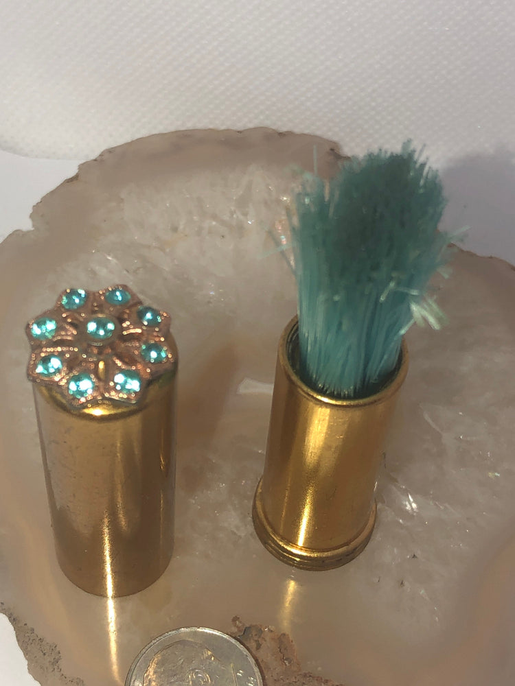 Antique Vintage Retractable Lipstick Case Lint /Cleaning Brush Blue Rhinestones Cosmetic Gold Tone
