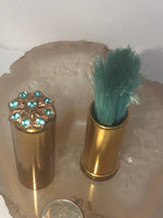 Antique Vintage Retractable Lipstick Case Lint /Cleaning Brush Blue Rhinestones Cosmetic Gold Tone
