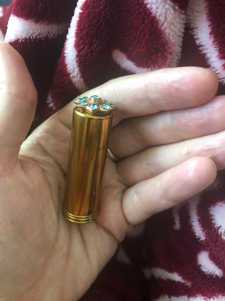 Antique Vintage Retractable Lipstick Case Lint /Cleaning Brush Blue Rhinestones Cosmetic Gold Tone