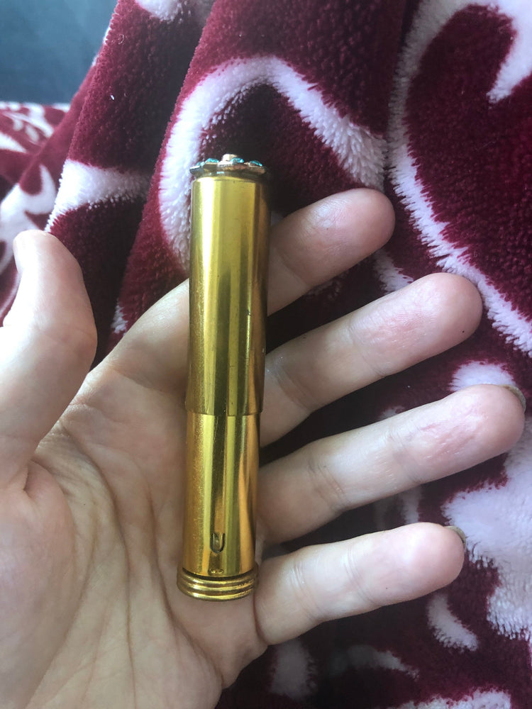 Antique Vintage Retractable Lipstick Case Lint /Cleaning Brush Blue Rhinestones Cosmetic Gold Tone