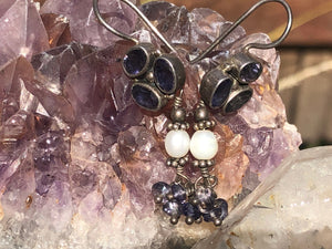 Vintage earrings iolite pearl gemstone sterling silver 925 India