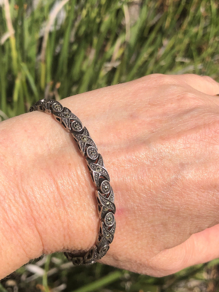 Vintage antique Sterling silver marcasite link bracelet 925 Art Deco Tennis bracelet style xoxo