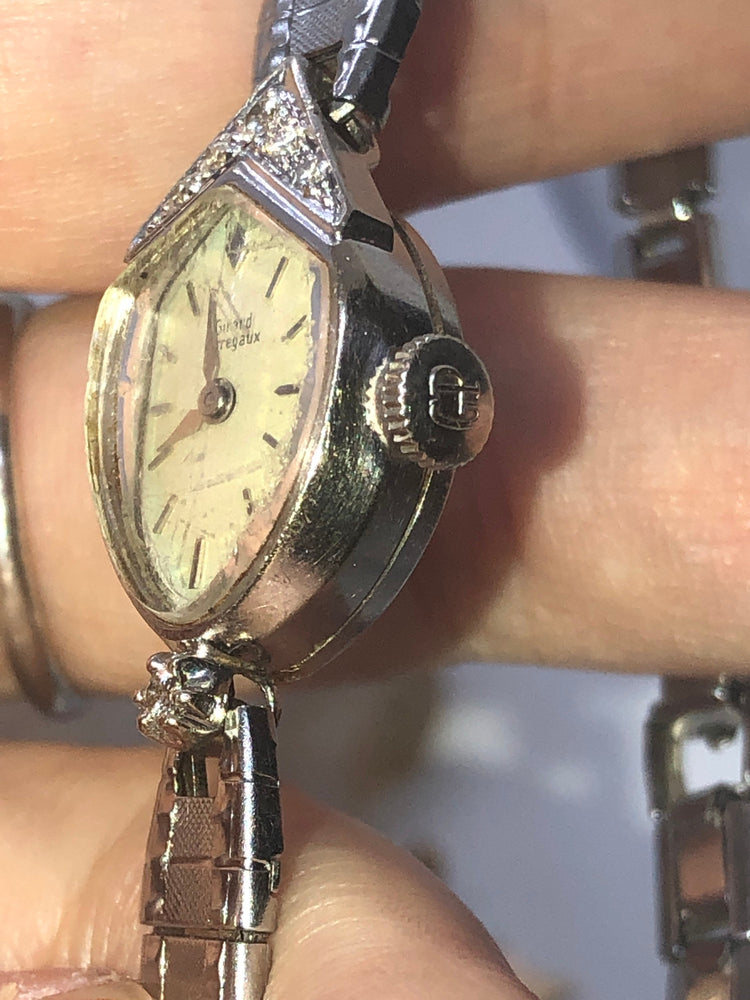 Antique vintage Girard Perregaux Designer 14 karat white gold ladies wristwatch six genuine diamonds 14k kt Art Deco runs well