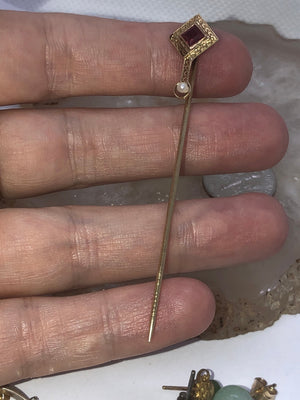 Victorian Antique 14 K Ruby Seed Pearl Stick Pin Stunning Art Deco