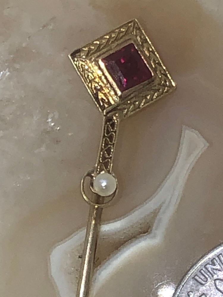 Victorian Antique 14 K Ruby Seed Pearl Stick Pin Stunning Art Deco