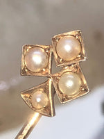 Victorian Antique 14 Karat Yellow Gold Stick Pin Seed Pearls Edwardian 4 leaf Clover Makers Mark Lucky