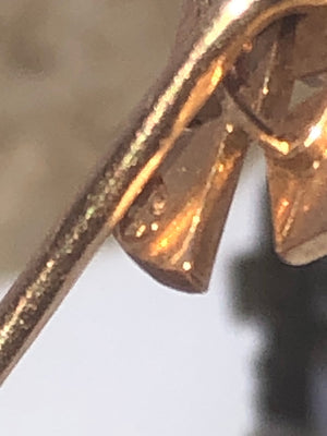 Victorian Antique 14 Karat Yellow Gold Stick Pin Seed Pearls Edwardian 4 leaf Clover Makers Mark Lucky