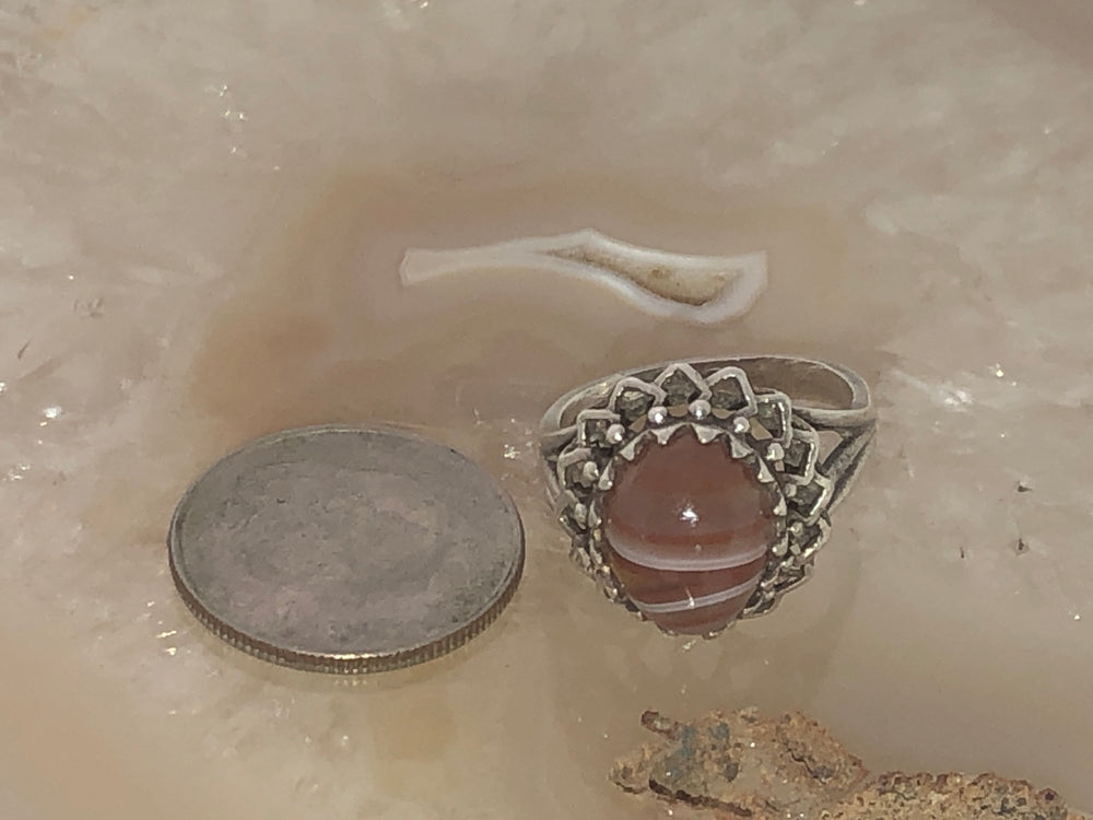 Vintage orange gemstone banded agate southwestern size 4 or for pinky sterling silver