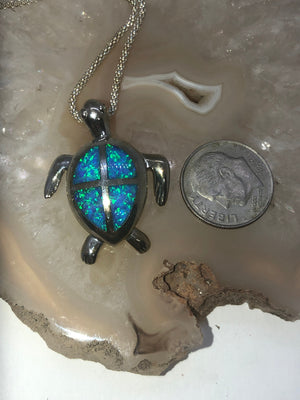 Beautiful Crushed blue opal inlaid sterling silver turtle pendant  925 nice long sterling silver Bismark ? chain 18 inch  necklace sea ocean