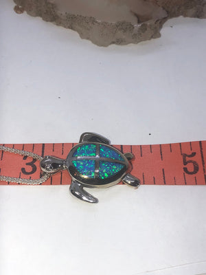 Beautiful Crushed blue opal inlaid sterling silver turtle pendant  925 nice long sterling silver Bismark ? chain 18 inch  necklace sea ocean