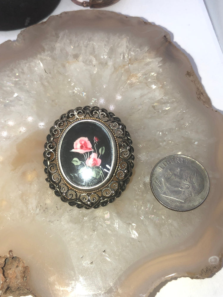 Antique Victorian Edwardian floral filigree  800 silver Germany Brooch and pendant for necklace 14kt trim hand painted painting