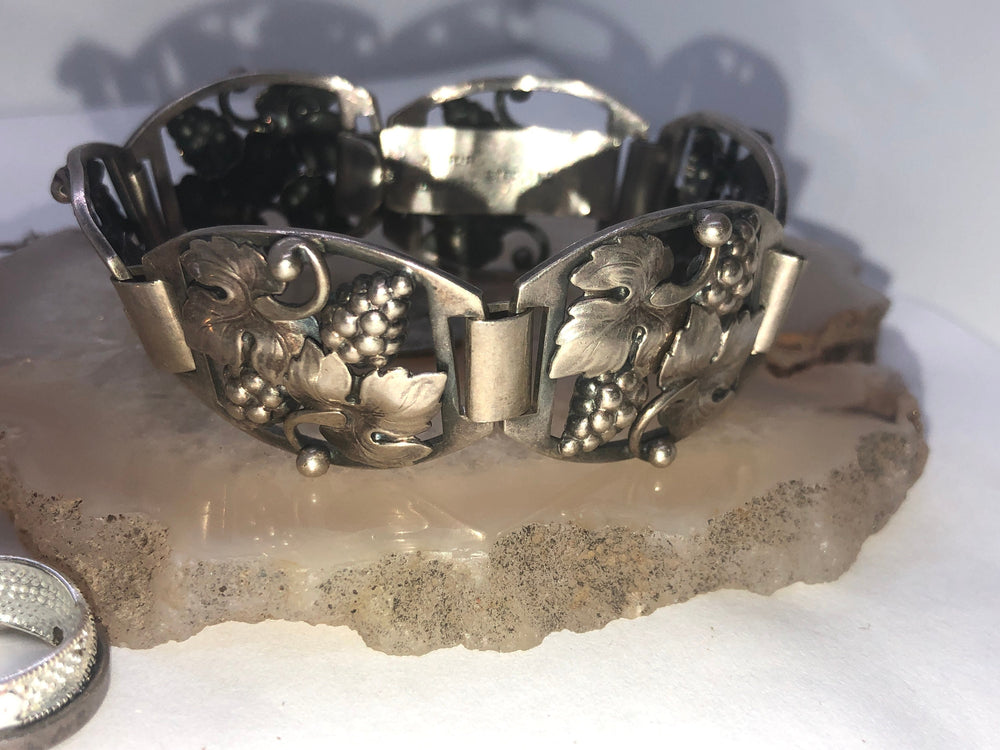 Antique Art nouveau Denmark sterling silver link bracelet A Prip Designer Grape leaves Scandinavian Very old Super rare!!