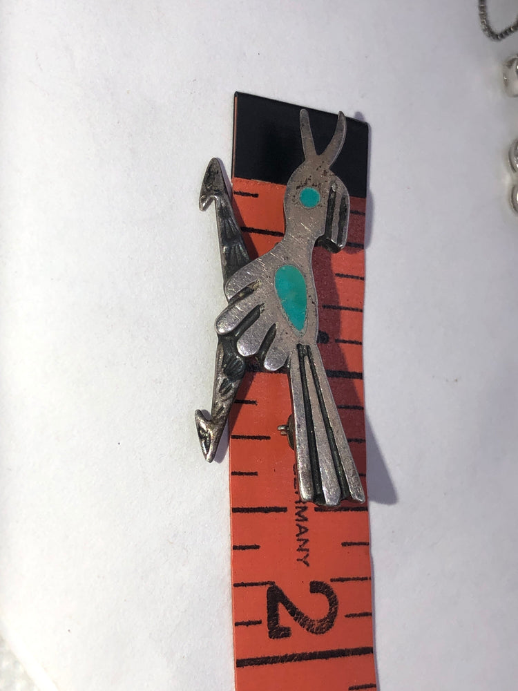 Vintage Native American Indian turquoise sterling silver roadrunner brooch southwestern