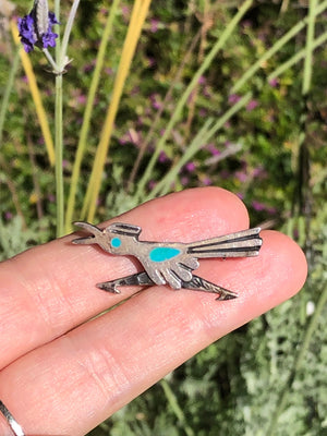 Vintage Native American Indian turquoise sterling silver roadrunner brooch southwestern