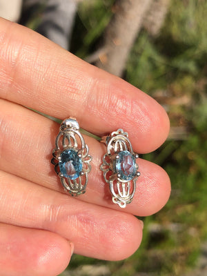 Vintage Blue topaz gemstone sterling silver ring and earrings set Art deco style 925 Size  6 +