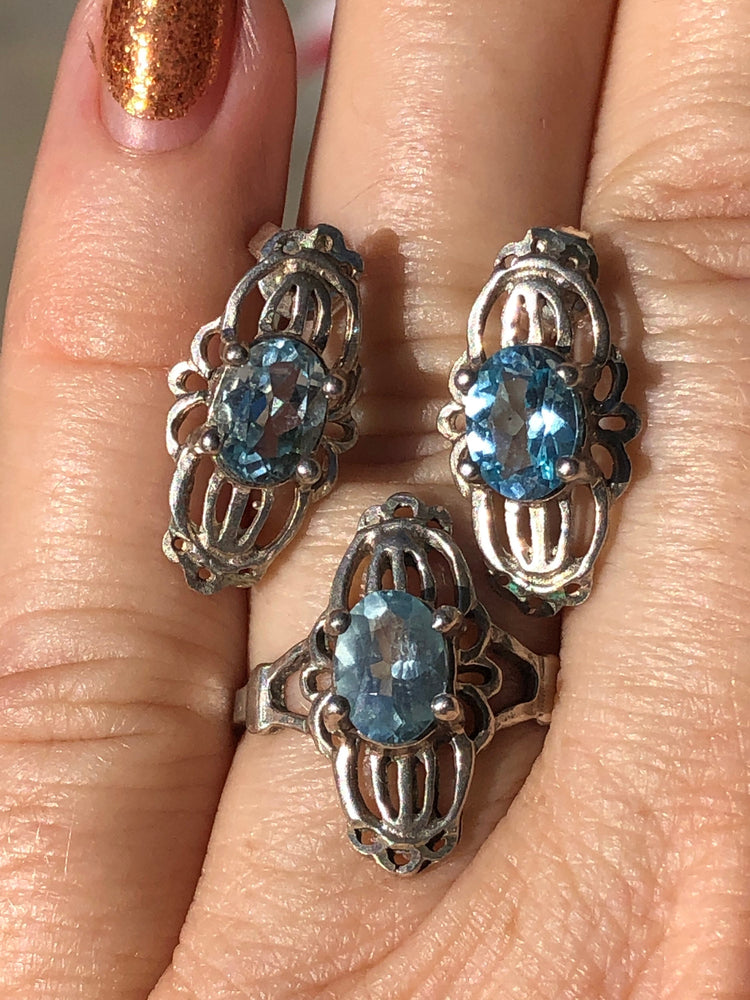 Vintage Blue topaz gemstone sterling silver ring and earrings set Art deco style 925 Size  6 +