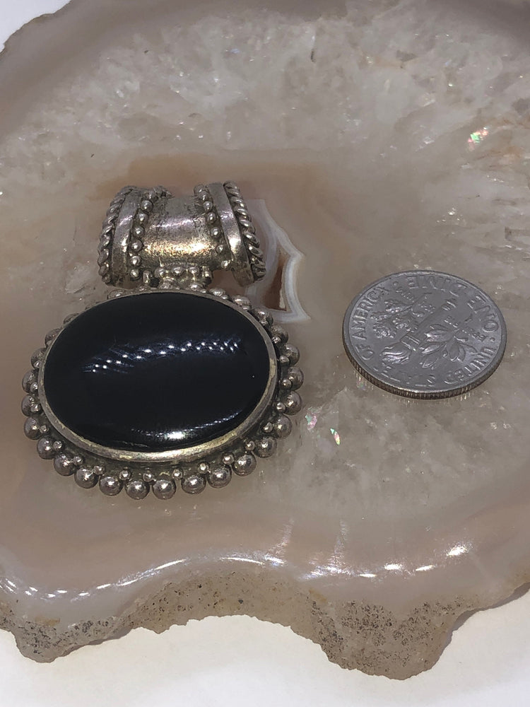 Vintage Black Onyx Gemstone Sterling Silver Pendant 4 Necklace 925 Big