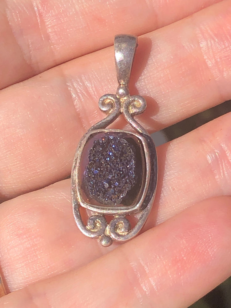 Vintage druzy quartz purple / black crystal sterling silver 925 Sajen pendant 4 necklace