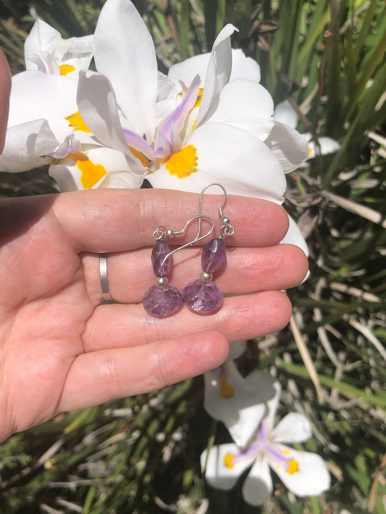 Vintage Faceted Amethyst Gemstones Beaded Earrings Sterling Silver 925 Faceted