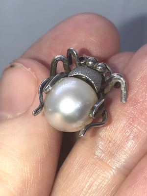 Vintage Antique Genuine Pearl Sterling Silver Pin Brooch Spider Bug Art Nouveau Art Deco Unique