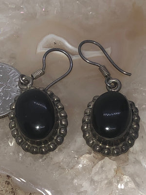 Vintage Black Onyx Gemstone Earrings - Mexico Sterling Silver Earrings 925