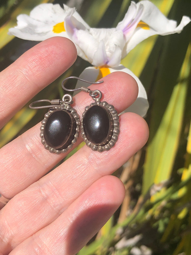 Vintage Black Onyx Gemstone Earrings - Mexico Sterling Silver Earrings 925
