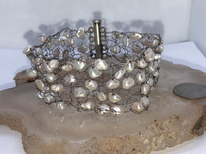 Vintage white freshwater pearls sterling silver mesh woven bracelet wide