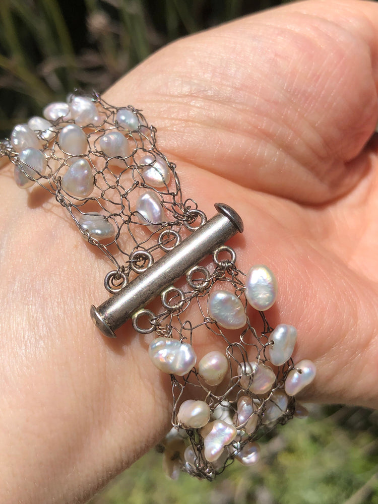 Vintage white freshwater pearls sterling silver mesh woven bracelet wide