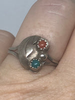 Vintage Native American Indian Turquoise & Red Coral Sterling Silver Ring - Old Pawn - Size 5.75