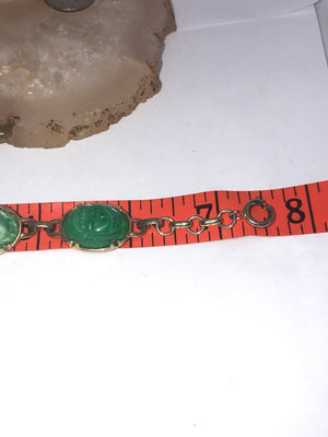Vintage green And white swirl carved  Peking glass scarab bracelet link gold tone 7.5 Inches usable
