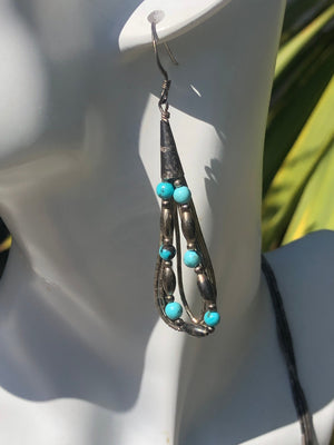 Vintage liquid sterling silver turquoise beads multi strand necklace and earrings Native American Indian Southwestern