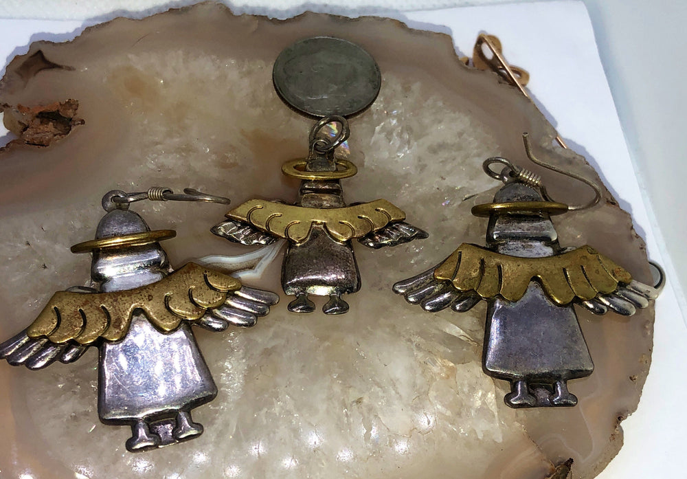 Vintage Angel With Halos & wings Earrings Pendant For Necklace Set Solid Sterling Silver 925 Mexico